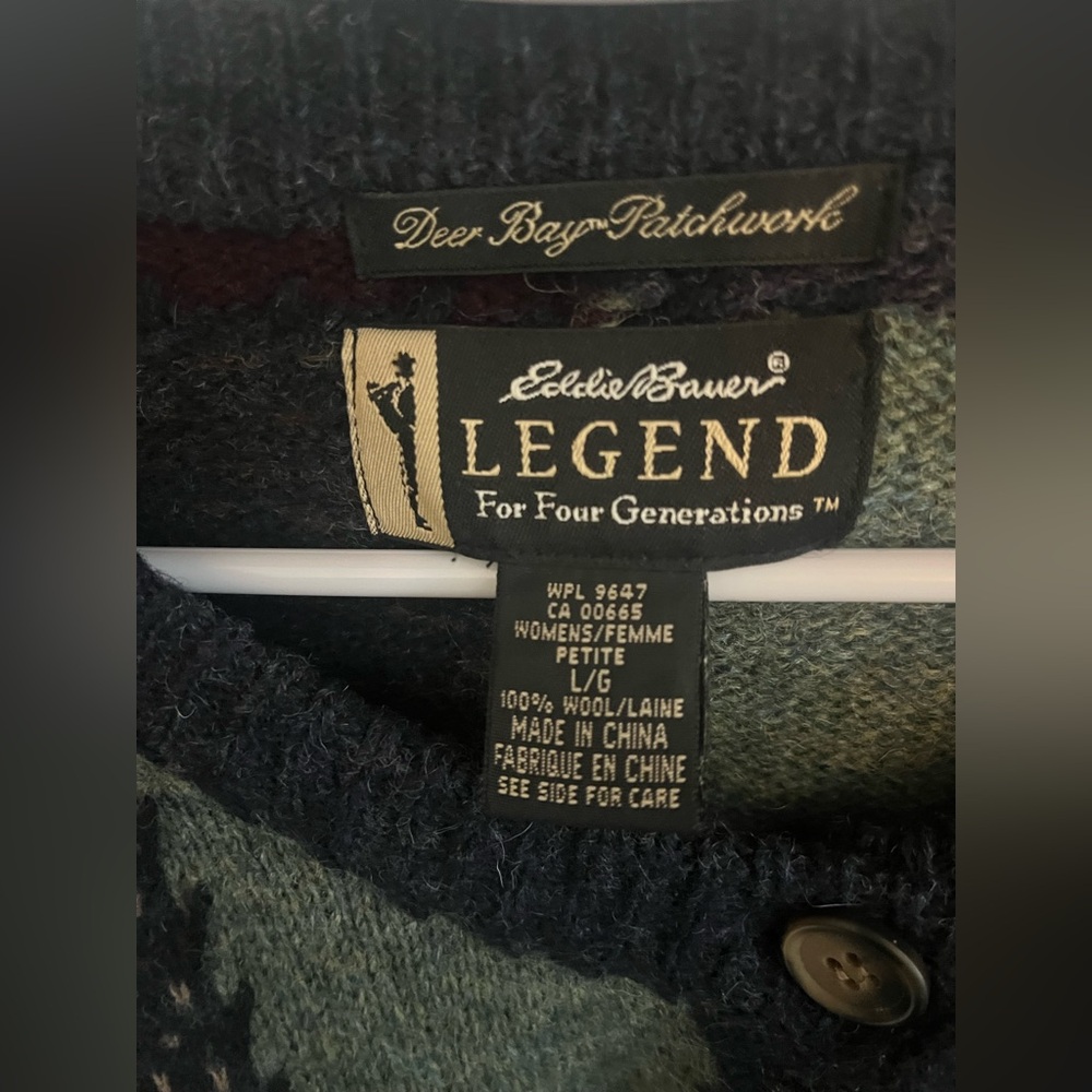 Vintage Patchwork Button-Front Cardigan in Navy, Green & Burgundy Eddie Bauer - Picture 2 of 3